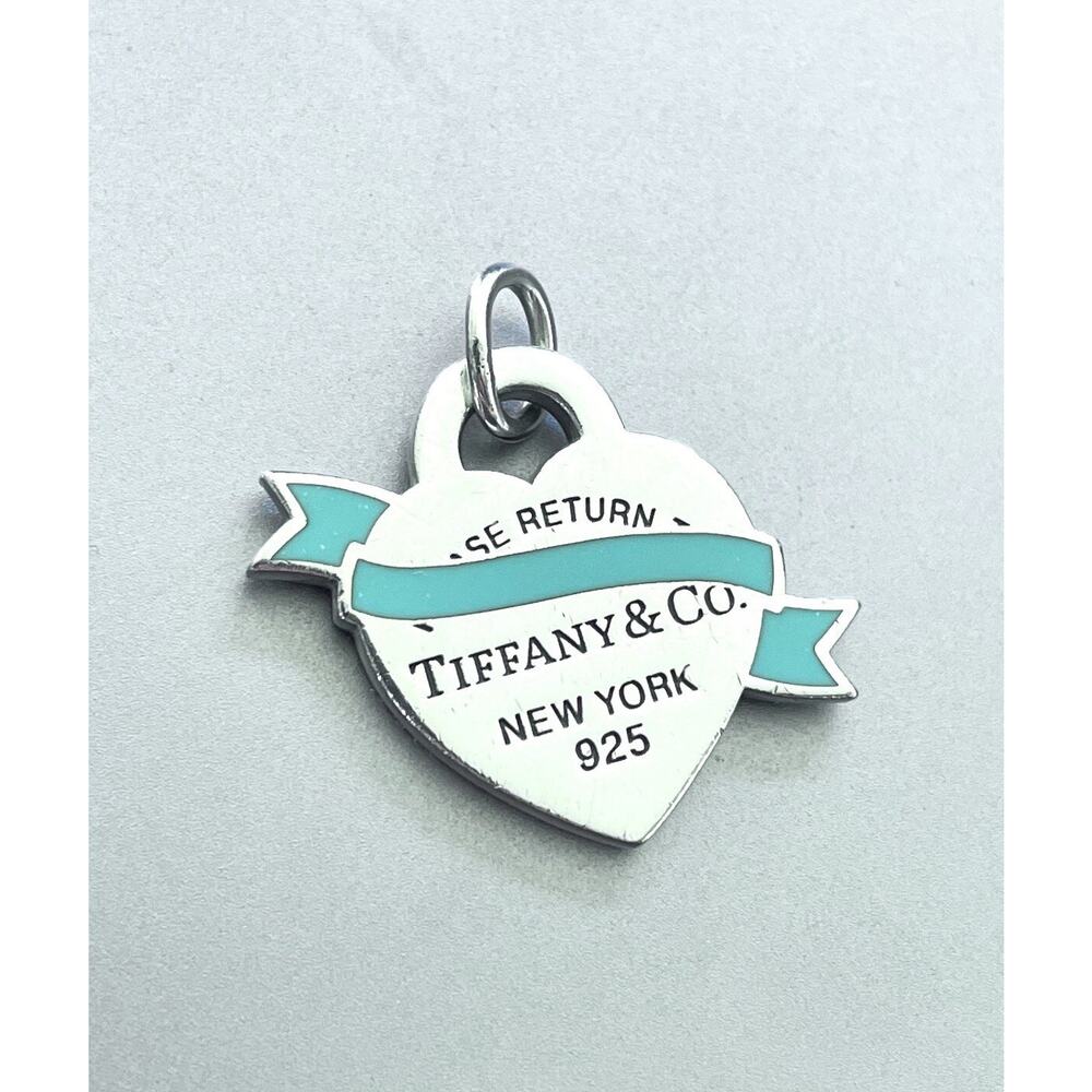 Return To Tiffany Co. Blue Enameled Banner Heart Tag Pendant Necklace - Silver